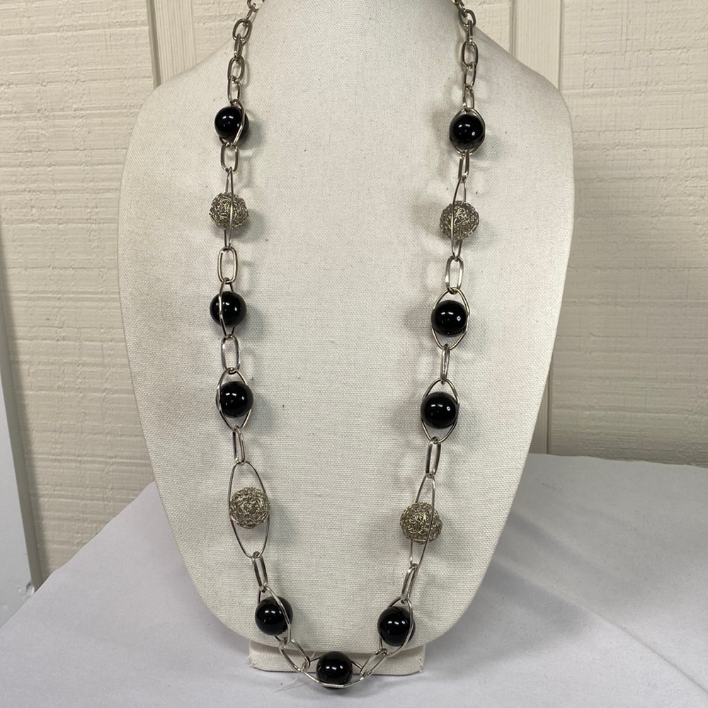 Futuristic long silvertone necklace black gumball necklace